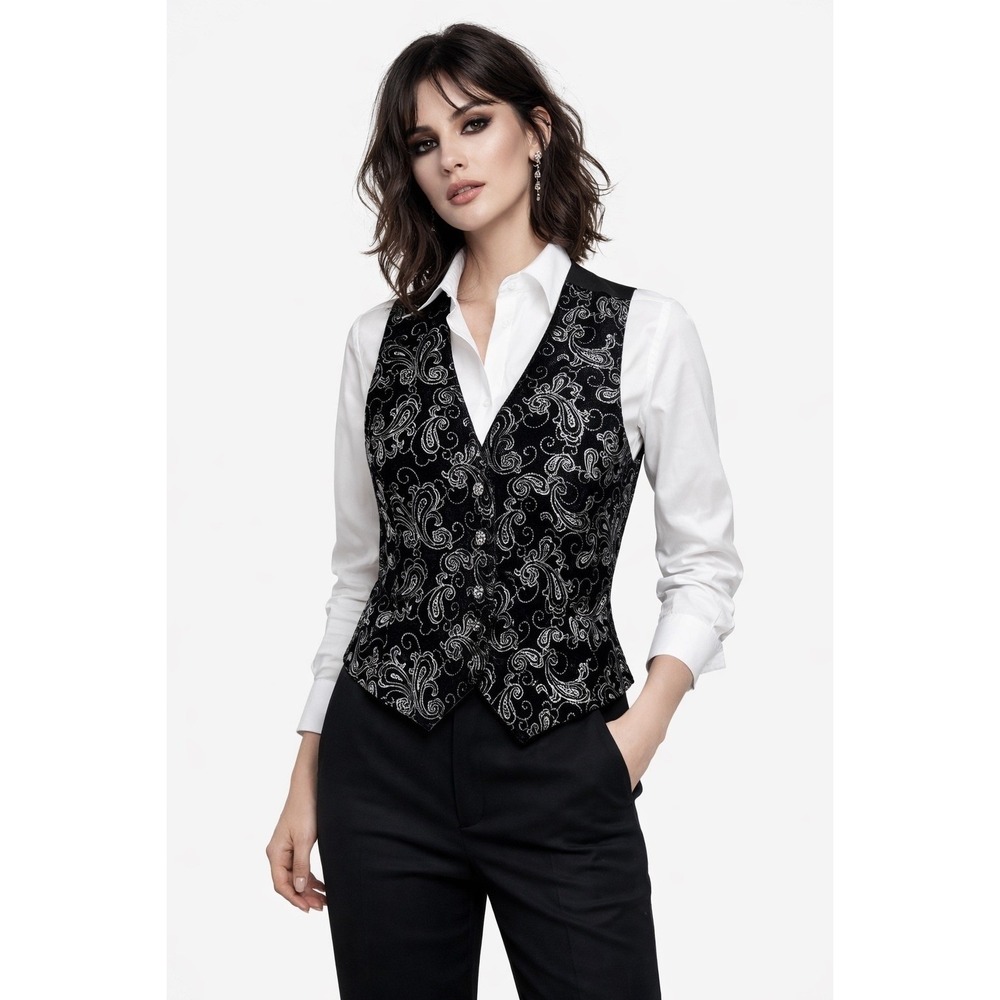 Vintage Black Velvet Vest Metallic Paisley Button Front